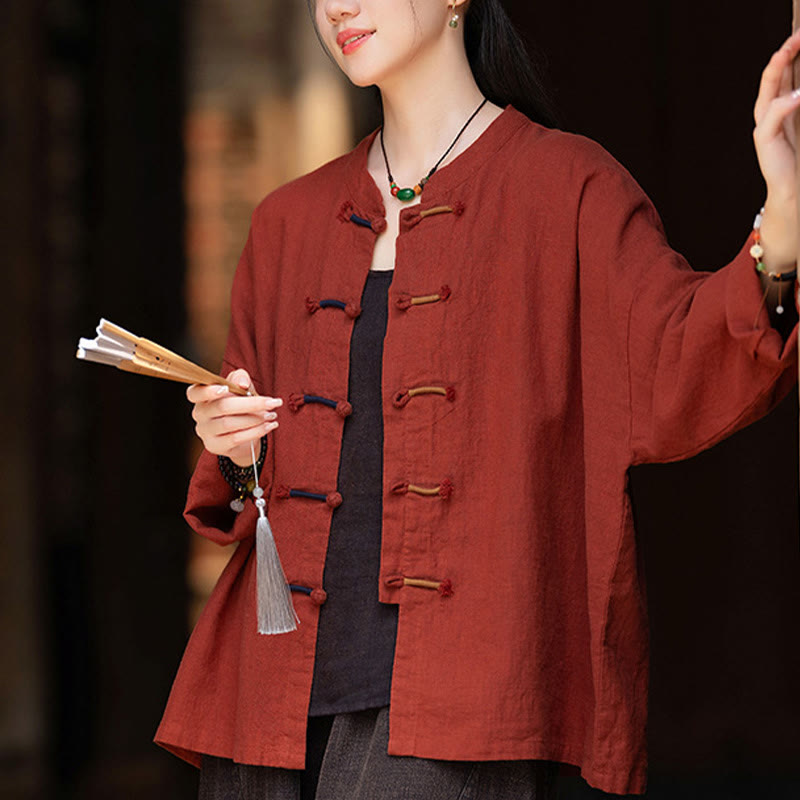 Buddha Stones Solid Color Two-color Frog-button Long Sleeve Ramie Linen Women's Shirt