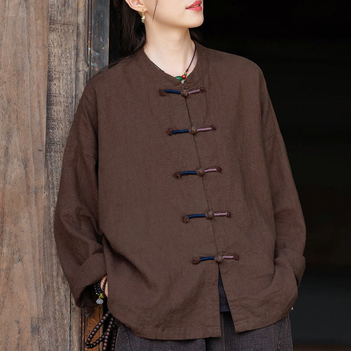 Buddha Stones Solid Color Two-color Frog-button Long Sleeve Ramie Linen Women's Shirt - image 13