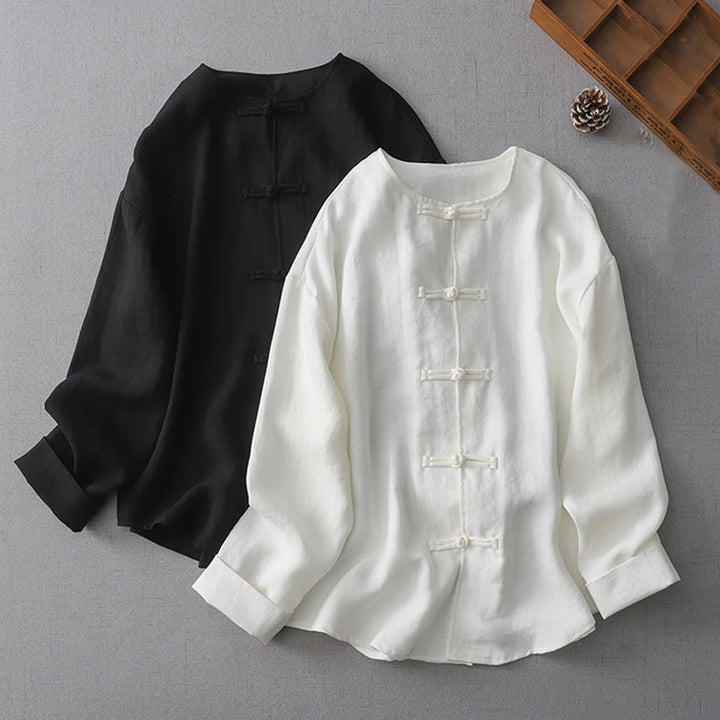 Buddha Stones Solid Color Button Long Sleeve Cotton Linen Women's Shirt