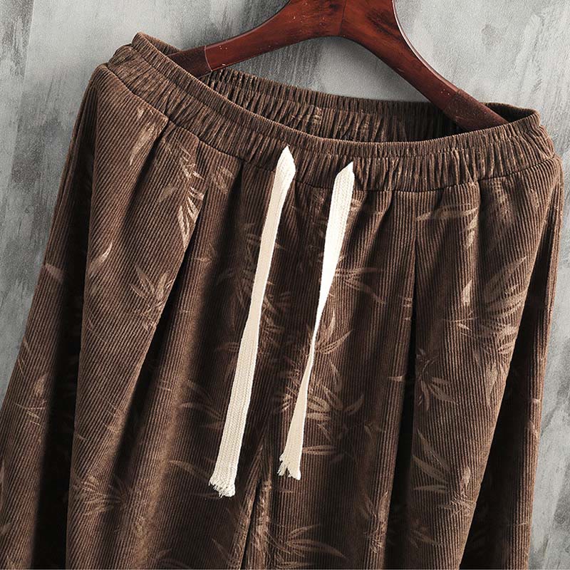 Buddha Stones Bamboo Leaves Corduroy Drawstring Cotton Men's Wide Leg Pants With Pockets