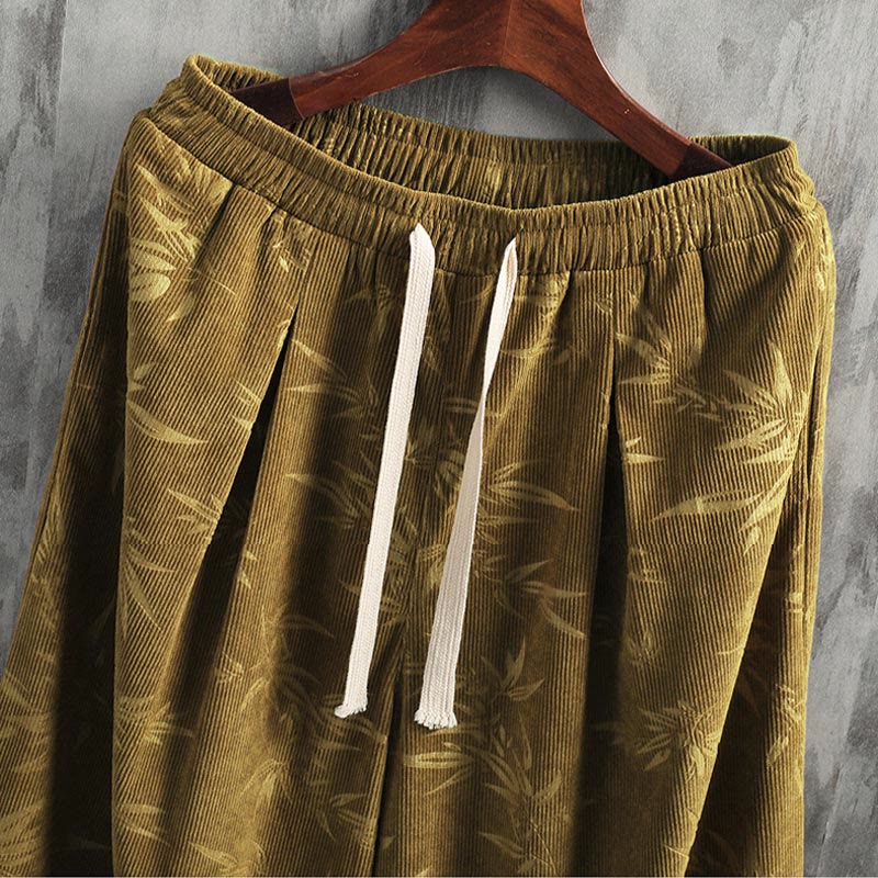 Buddha Stones Bamboo Leaves Corduroy Drawstring Cotton Men's Wide Leg Pants With Pockets