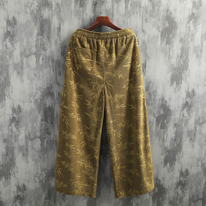 Buddha Stones Bamboo Leaves Corduroy Drawstring Cotton Men's Wide Leg Pants With Pockets