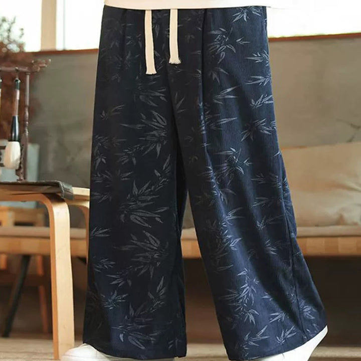 Buddha Stones Bamboo Leaves Corduroy Drawstring Cotton Men's Wide Leg Pants With Pockets - Navy - US/UK/AU46，EU56 (5XL) - image 0