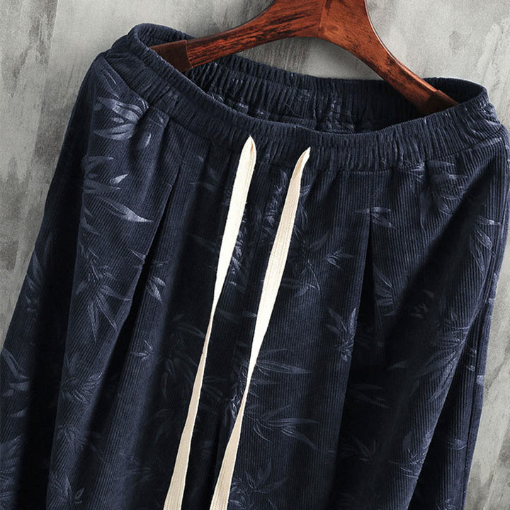Buddha Stones Bamboo Leaves Corduroy Drawstring Cotton Men's Wide Leg Pants With Pockets - image 1