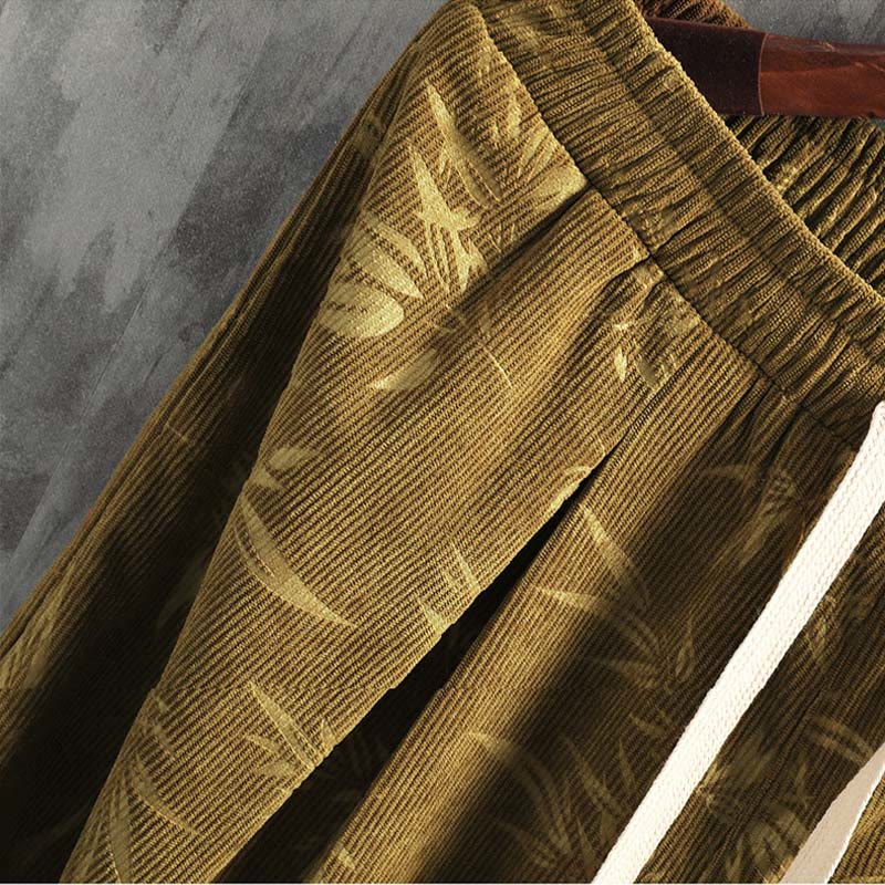 Buddha Stones Bamboo Leaves Corduroy Drawstring Cotton Men's Wide Leg Pants With Pockets - image 8