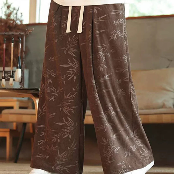 Buddha Stones Bamboo Leaves Corduroy Drawstring Cotton Men's Wide Leg Pants With Pockets - SaddleBrown - US/UK/AU46，EU56 (5XL) - image 16