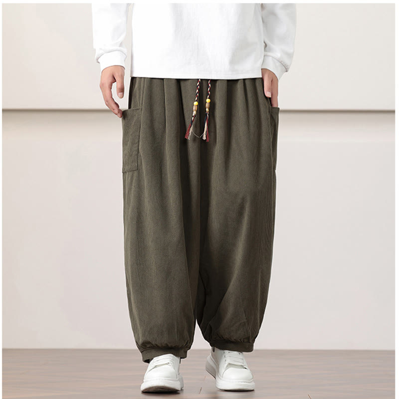 Buddha Stones Solid Color Corduroy Drawstring Men's Harem Pants With Pockets - image 1