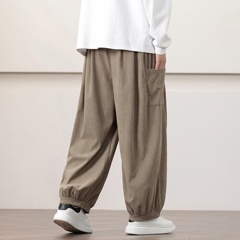 Buddha Stones Solid Color Corduroy Drawstring Men's Harem Pants With Pockets - image 26