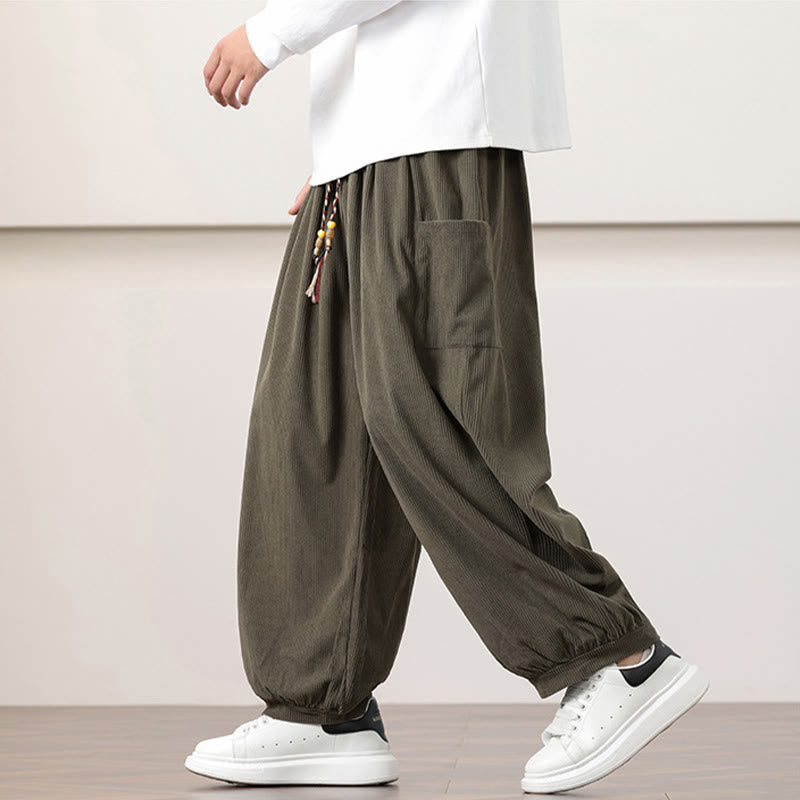 Buddha Stones Solid Color Corduroy Drawstring Men's Harem Pants With Pockets - image 7