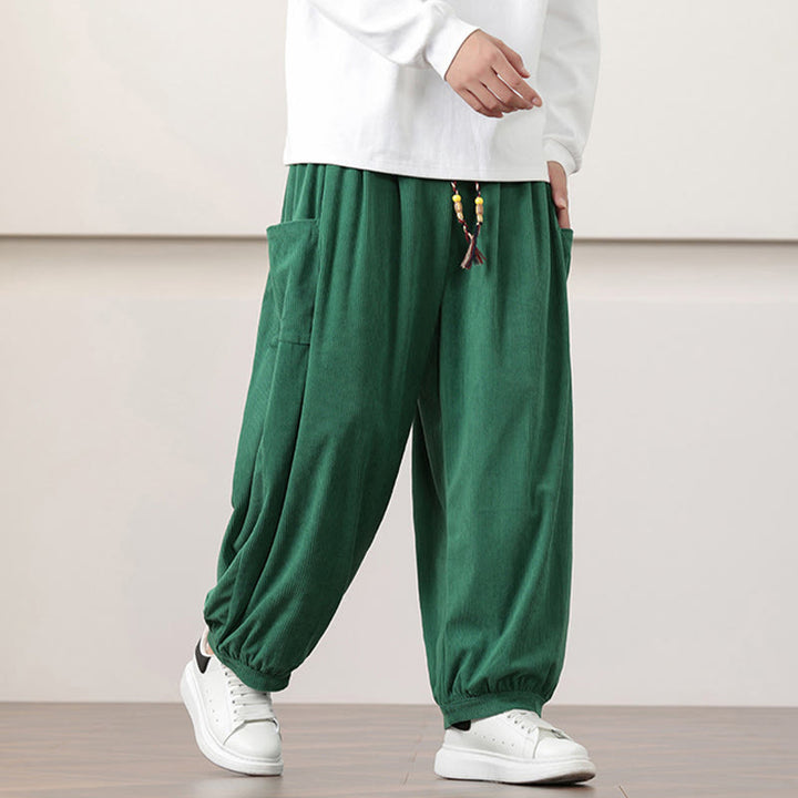 Buddha Stones Solid Color Corduroy Drawstring Men's Harem Pants With Pockets - image 31