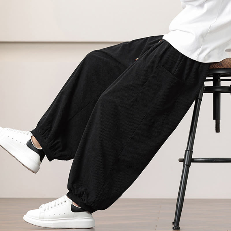 Buddha Stones Solid Color Corduroy Drawstring Men's Harem Pants With Pockets - image 16