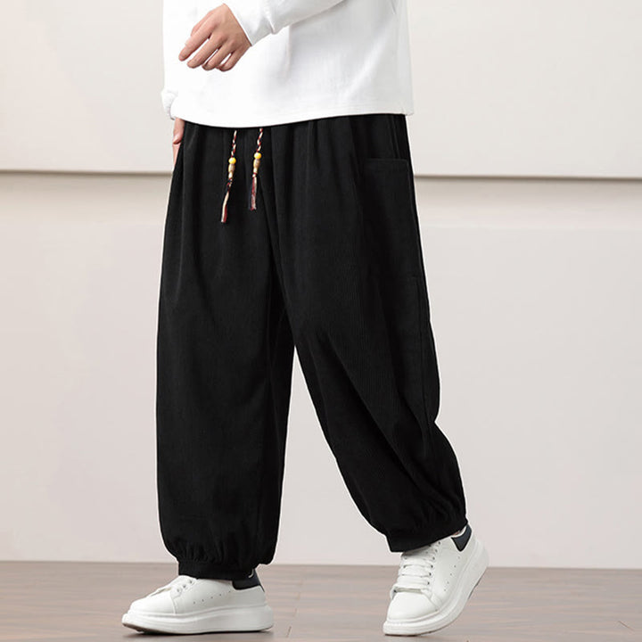 Buddha Stones Solid Color Corduroy Drawstring Men's Harem Pants With Pockets - Black - US/UK/AU46，EU56 (5XL) - image 9
