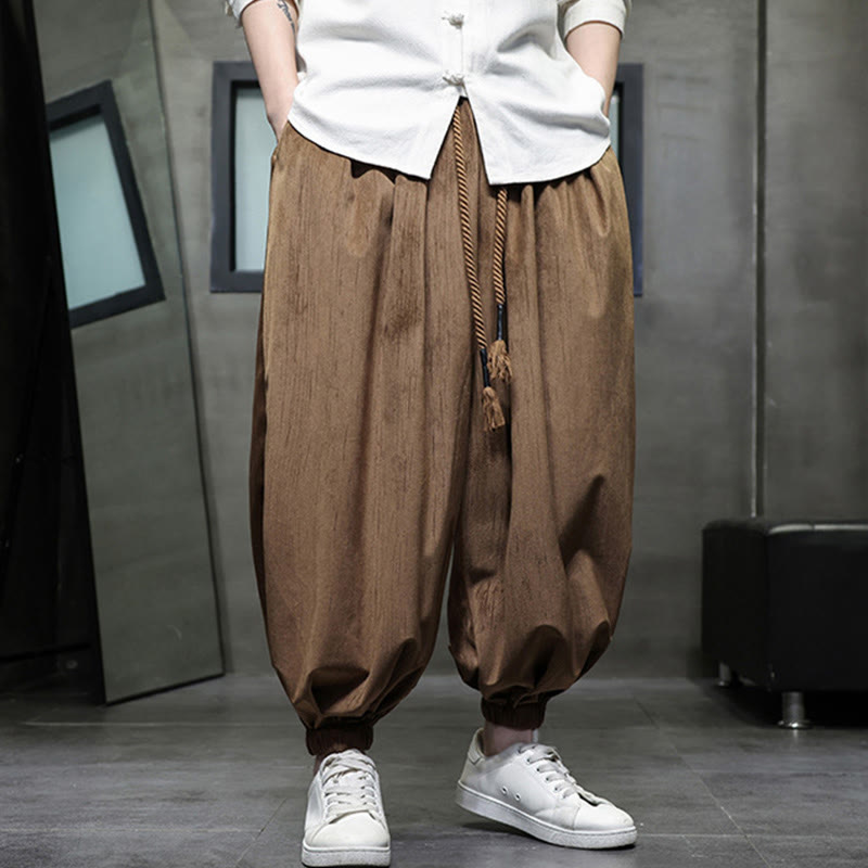 Buddha Stones Solid Color Corduroy Drawstring Thermal Men's Harem Pants With Pockets - image 1