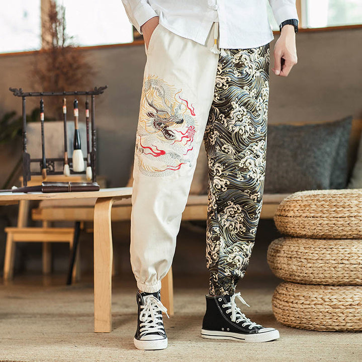 Buddha Stones Dragon Pattern Two-tone Men's Pants With Pockets