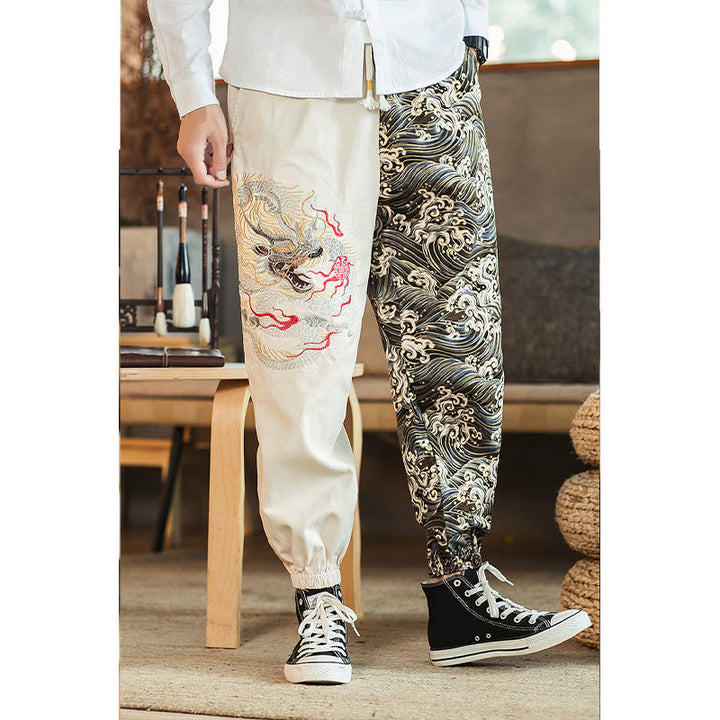 Buddha Stones Dragon Pattern Two-tone Men's Pants With Pockets - image 9