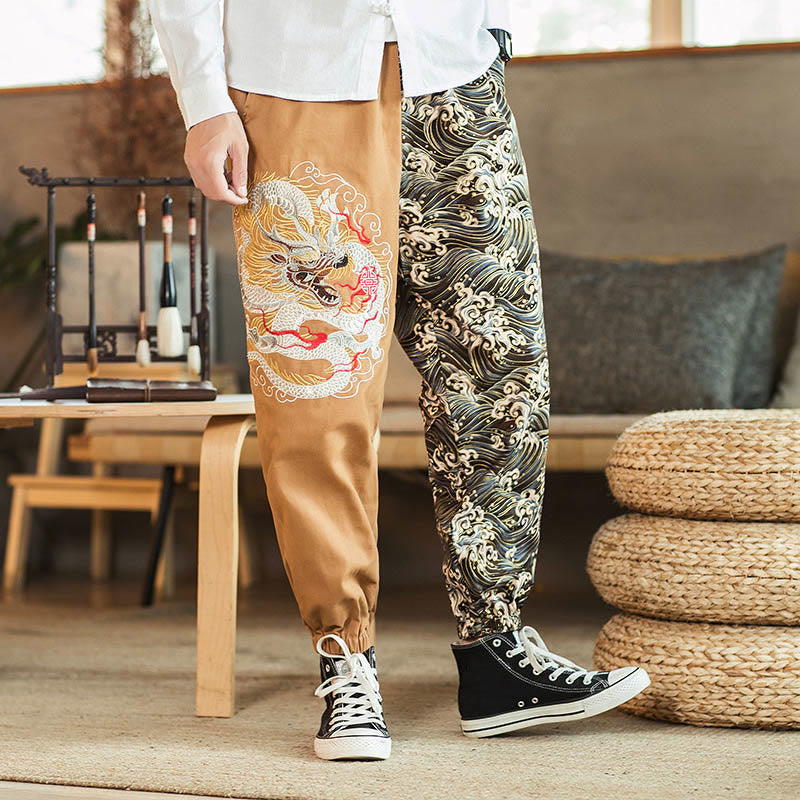 Buddha Stones Dragon Pattern Two-tone Men's Pants With Pockets