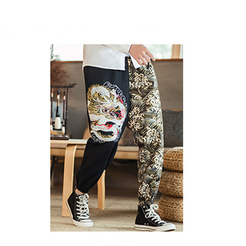 Buddha Stones Dragon Pattern Two-tone Men's Pants With Pockets