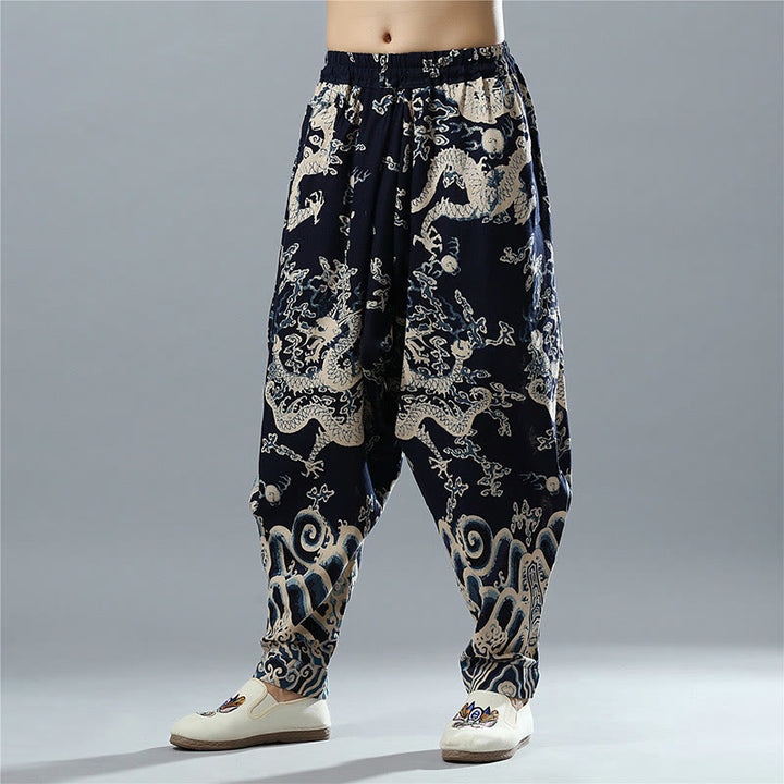 Buddha Stones Chinese Dragon Printed Elastic Waist Ethnic Cotton Linen Men's Pants With Pockets - MidnightBlue - US/UK/AU38，EU48 (XL) - image 0