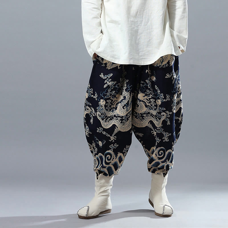 Buddha Stones Chinese Dragon Printed Elastic Waist Ethnic Cotton Linen Men's Pants With Pockets