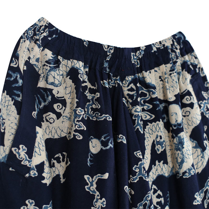 Buddha Stones Chinese Dragon Printed Elastic Waist Ethnic Cotton Linen Men's Pants With Pockets - image 7