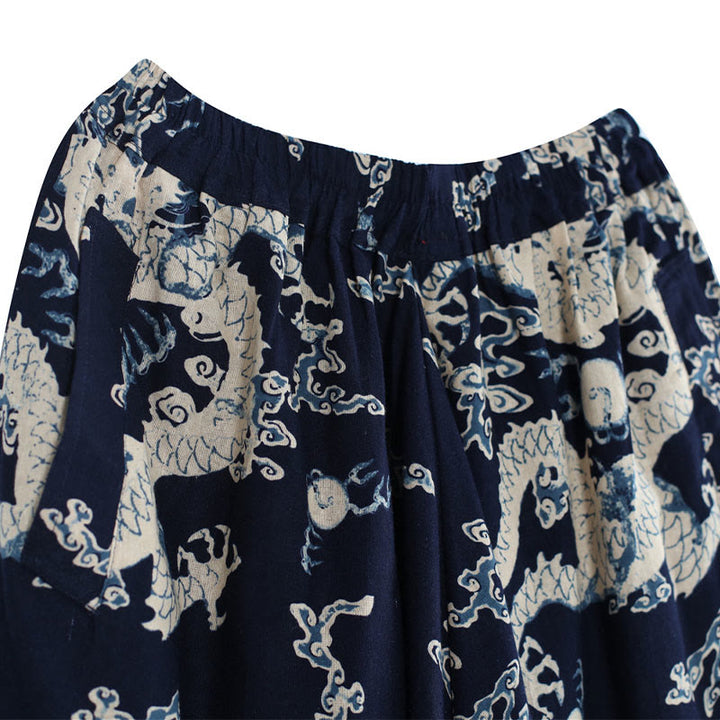 Buddha Stones Chinese Dragon Printed Elastic Waist Ethnic Cotton Linen Men's Pants With Pockets - image 7