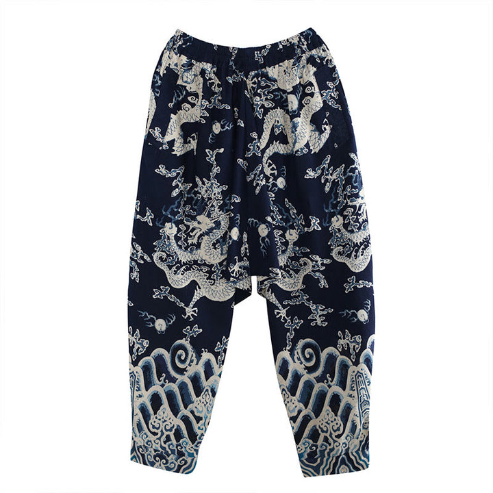 Buddha Stones Chinese Dragon Printed Elastic Waist Ethnic Cotton Linen Men's Pants With Pockets - image 6