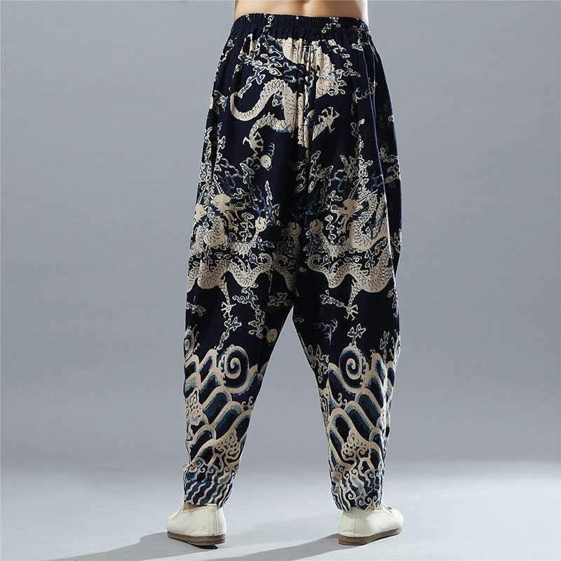 Buddha Stones Chinese Dragon Printed Elastic Waist Ethnic Cotton Linen Men's Pants With Pockets - image 2
