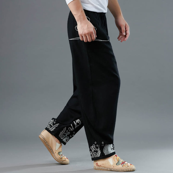 Buddha Stones Clouds Elastic Waist Ethnic Cotton Men's Pants With Pockets