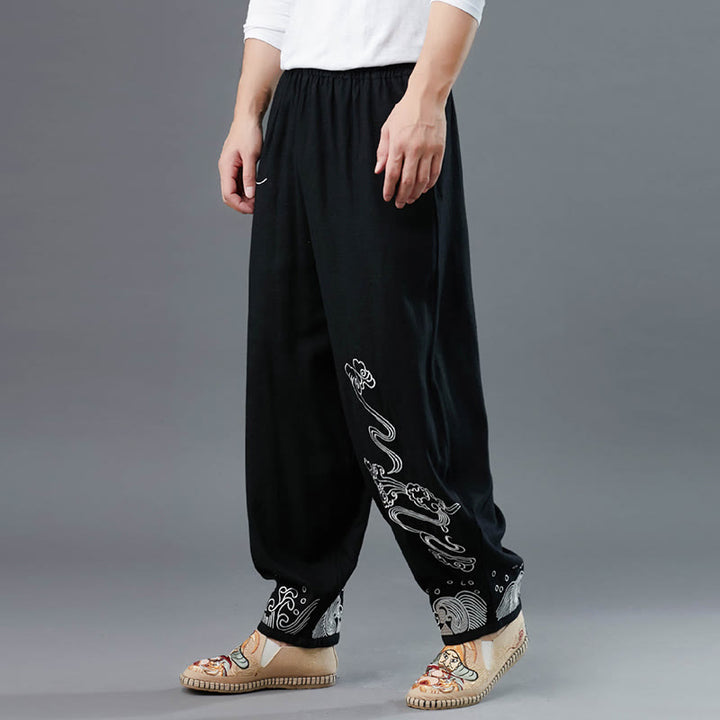 Buddha Stones Clouds Elastic Waist Ethnic Cotton Men's Pants With Pockets - image 5