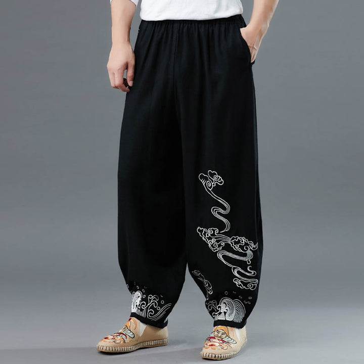 Buddha Stones Clouds Elastic Waist Ethnic Cotton Men's Pants With Pockets - image 7
