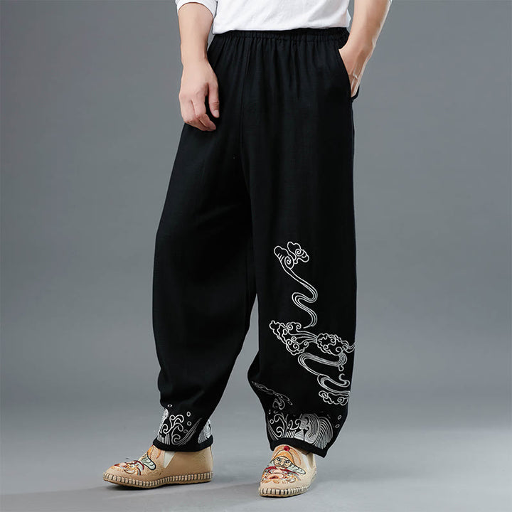 Buddha Stones Clouds Elastic Waist Ethnic Cotton Men's Pants With Pockets - Black - US/UK/AU38，EU48 (XL) - image 0