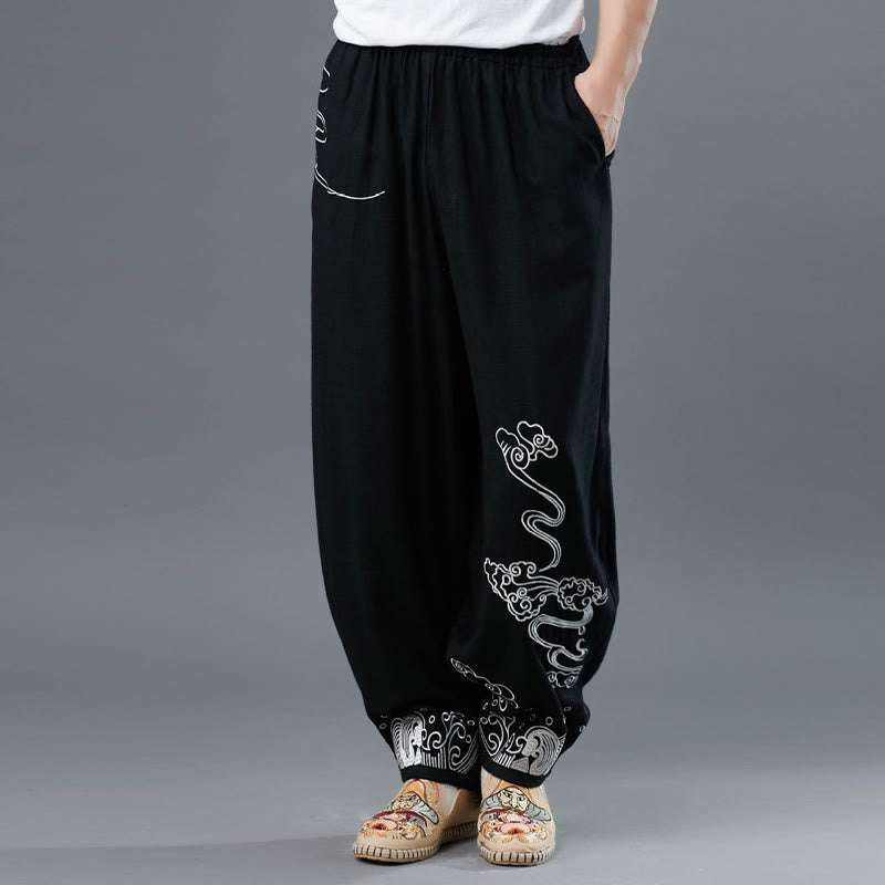 Buddha Stones Clouds Elastic Waist Ethnic Cotton Men's Pants With Pockets - image 3