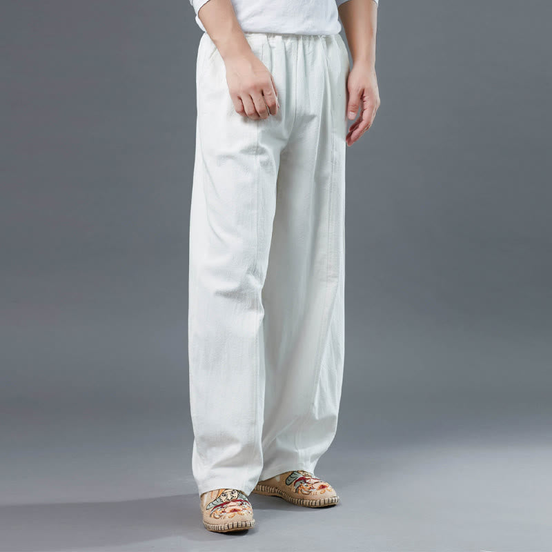 Buddha Stones Casual Solid Color Cotton Linen Men's Pants With Pockets