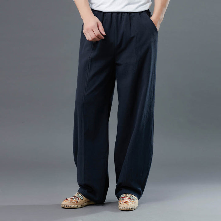 Buddha Stones Casual Solid Color Cotton Linen Men's Pants With Pockets