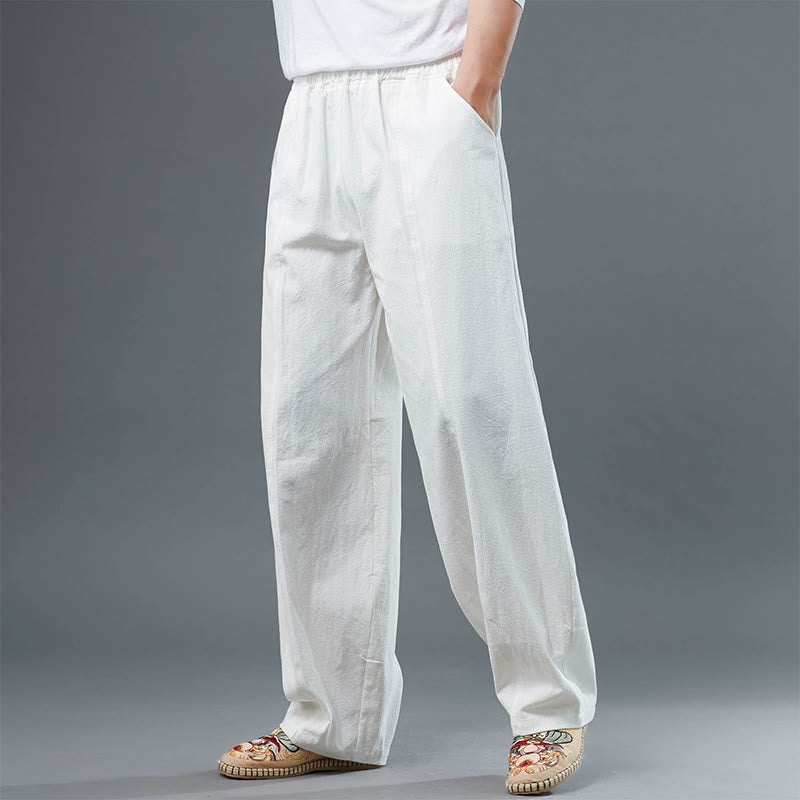 Buddha Stones Casual Solid Color Cotton Linen Men's Pants With Pockets