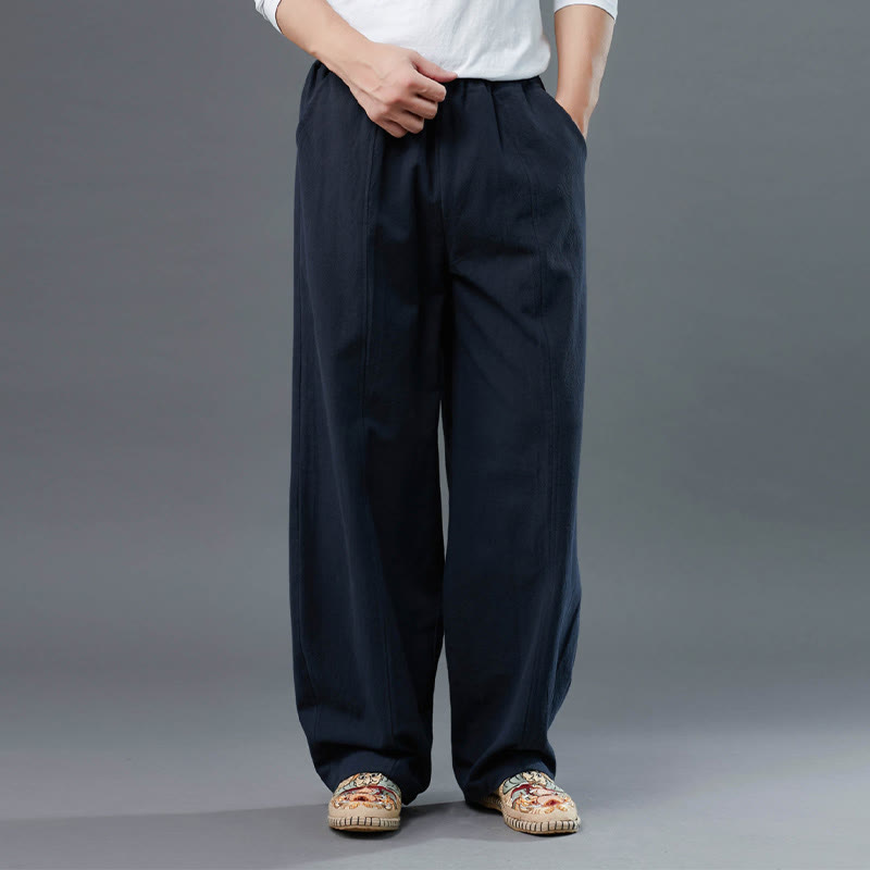 Buddha Stones Casual Solid Color Cotton Linen Men's Pants With Pockets