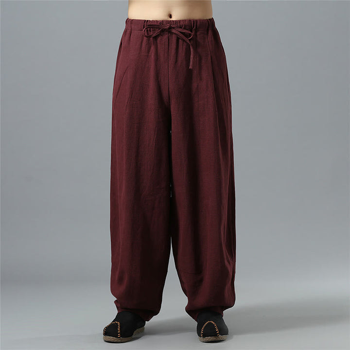 Buddha Stones Casual Solid Color Drawstring Cotton Linen Men's Pants With Pockets