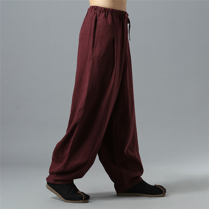 Buddha Stones Casual Solid Color Drawstring Cotton Linen Men's Pants With Pockets - image 24