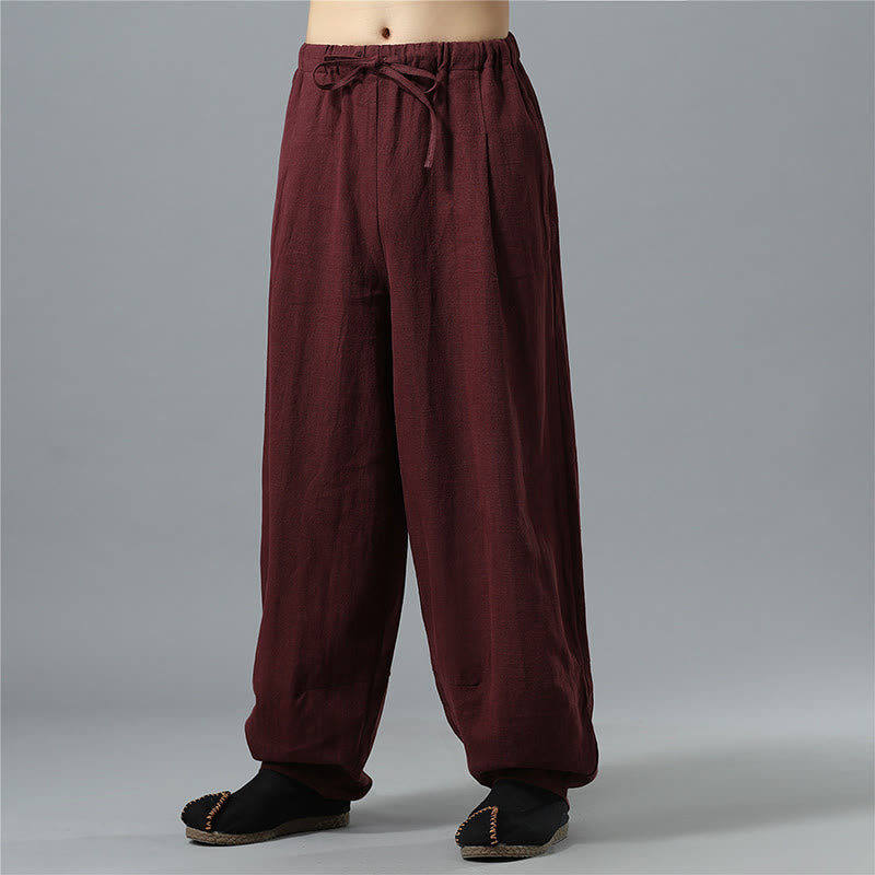 Buddha Stones Casual Solid Color Drawstring Cotton Linen Men's Pants With Pockets