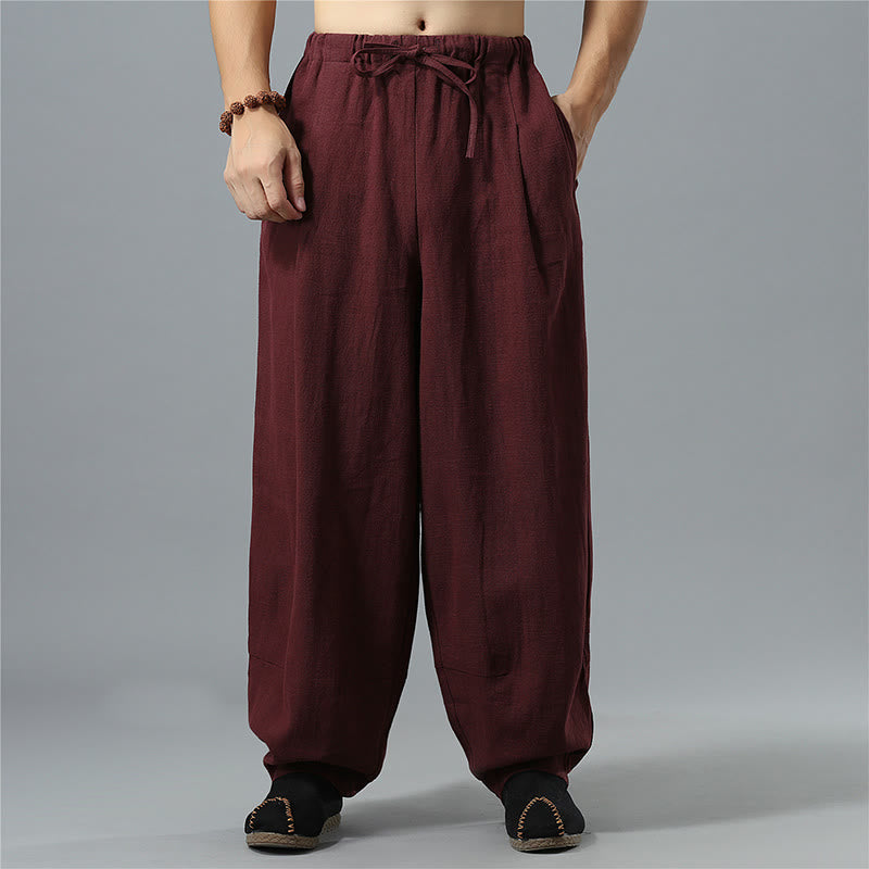 Buddha Stones Casual Solid Color Drawstring Cotton Linen Men's Pants With Pockets