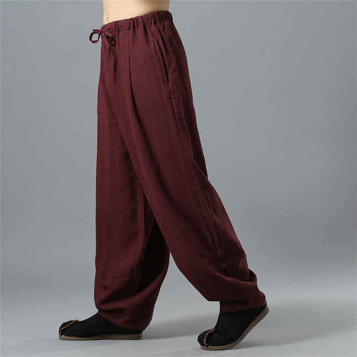 Buddha Stones Casual Solid Color Drawstring Cotton Linen Men's Pants With Pockets