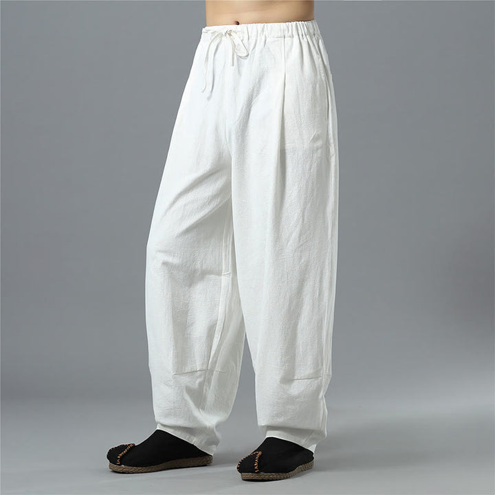 Buddha Stones Casual Solid Color Drawstring Cotton Linen Men's Pants With Pockets