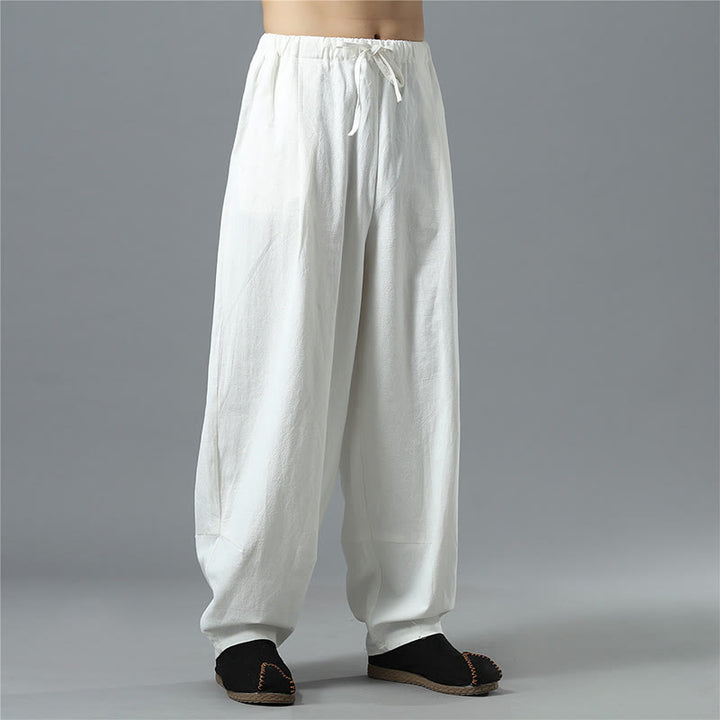 Buddha Stones Casual Solid Color Drawstring Cotton Linen Men's Pants With Pockets