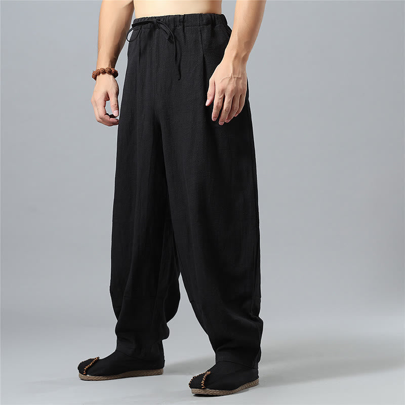 Buddha Stones Casual Solid Color Drawstring Cotton Linen Men's Pants With Pockets - image 12