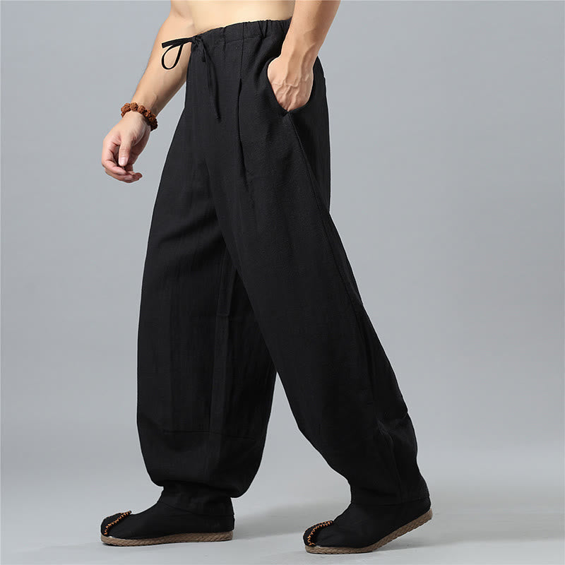 Buddha Stones Casual Solid Color Drawstring Cotton Linen Men's Pants With Pockets