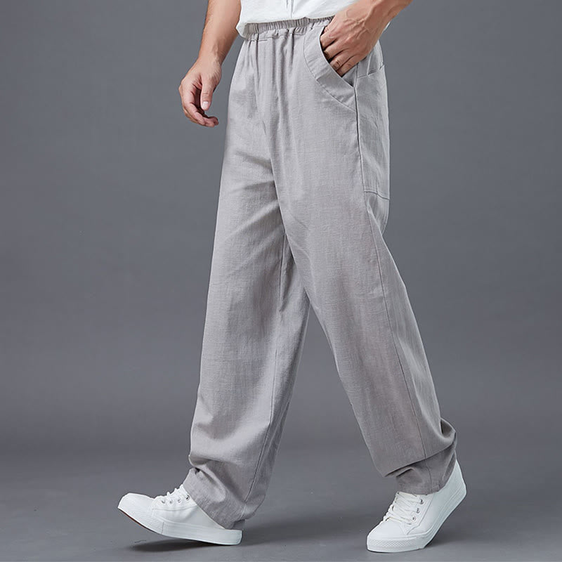 Buddha Stones Plain Color Elastic Waist Ramie Linen Men's Pants With Pockets