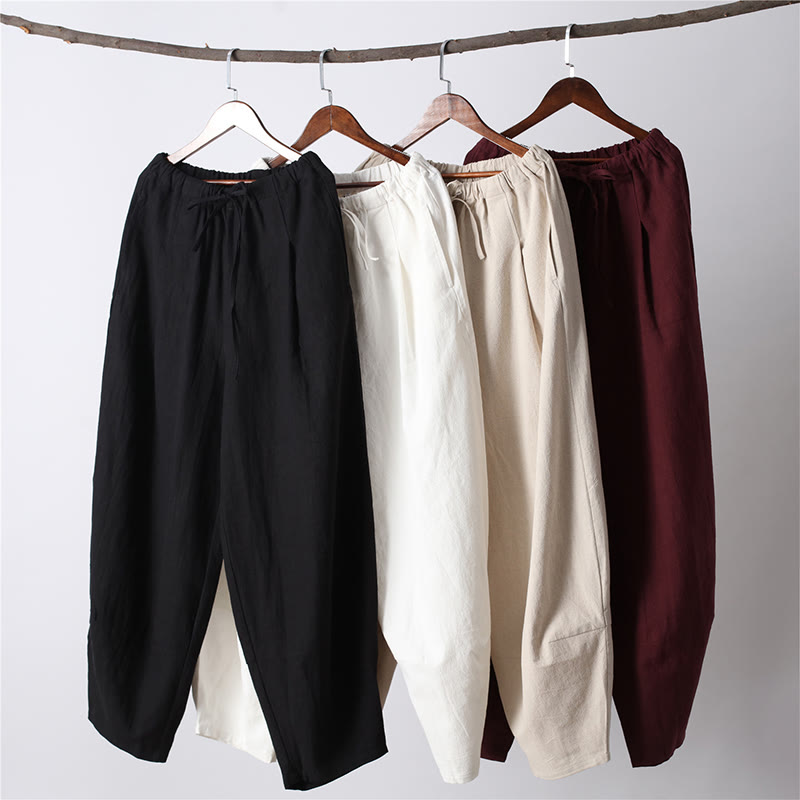 Buddha Stones Casual Solid Color Drawstring Cotton Linen Men's Pants With Pockets - image 2