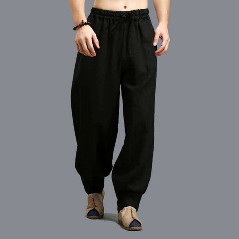 Buddha Stones Casual Plain Color Elastic Drawstring Ramie Linen Men's Pants With Pockets