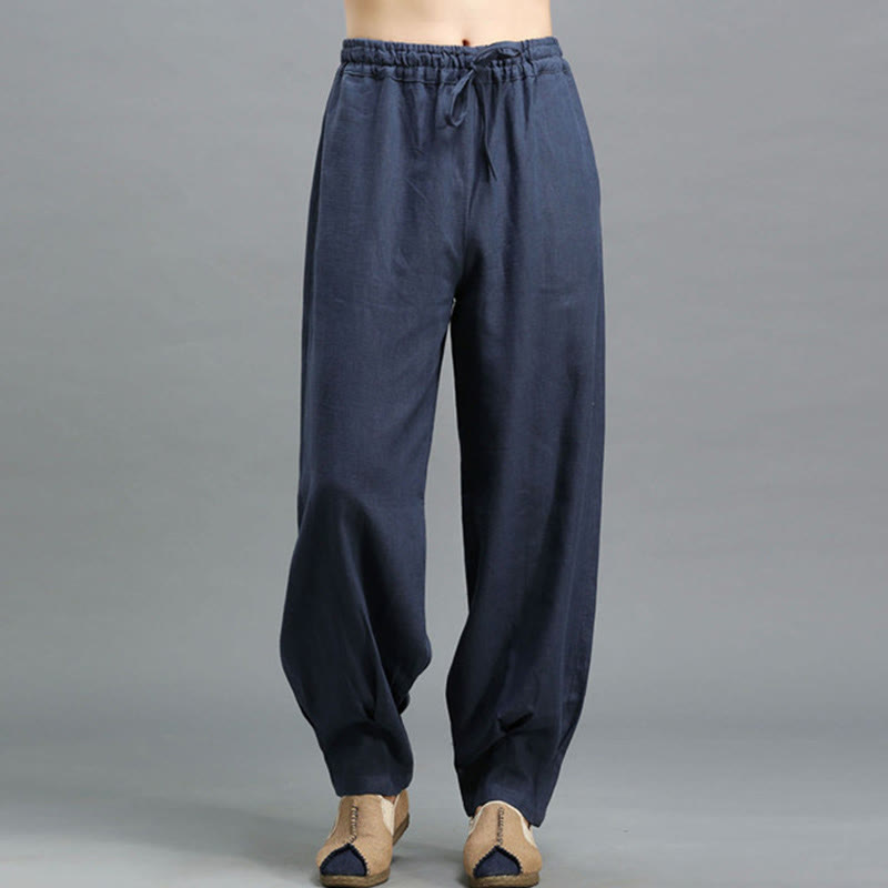 Buddha Stones Casual Plain Color Elastic Drawstring Ramie Linen Men's Pants With Pockets - DarkBlue - US/UK/AU38，EU48 (XL) - image 0