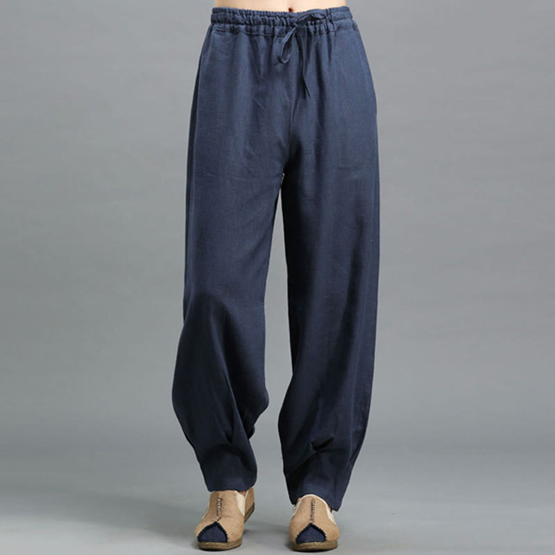 Buddha Stones Casual Plain Color Elastic Drawstring Ramie Linen Men's Pants With Pockets - image 2